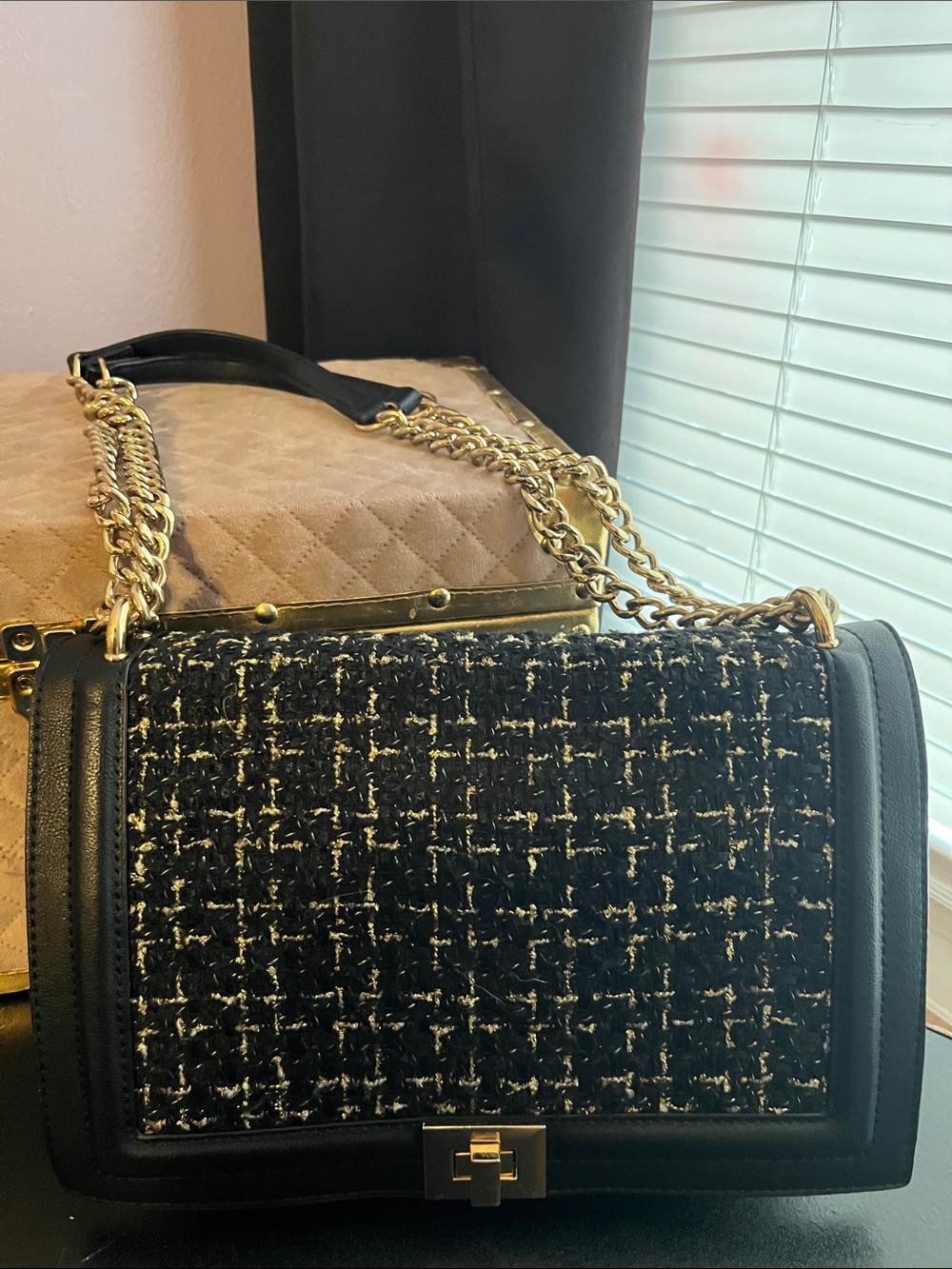 INC International Concepts Black Tweed Shoulder Bag with Gold Chain